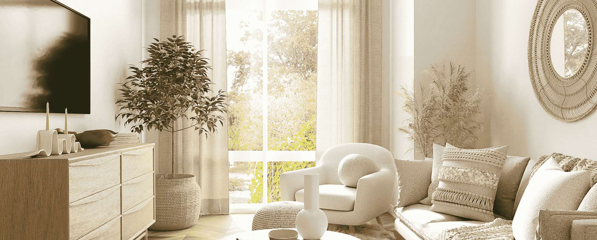 写真：白とベージュを基準とした家具が配置されています